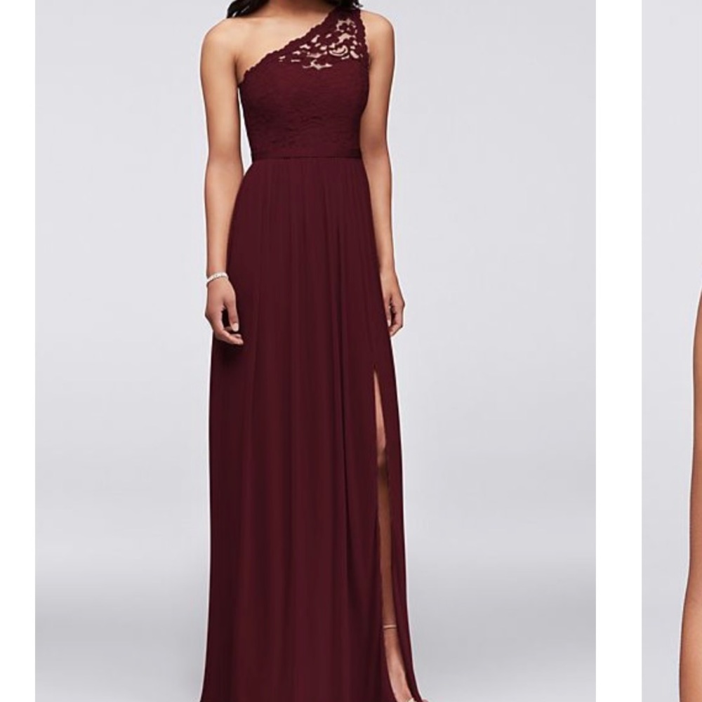 David’s Bridal Long One Shoulder Lace Bridesmaid Dress (Color Wine, Size 2)